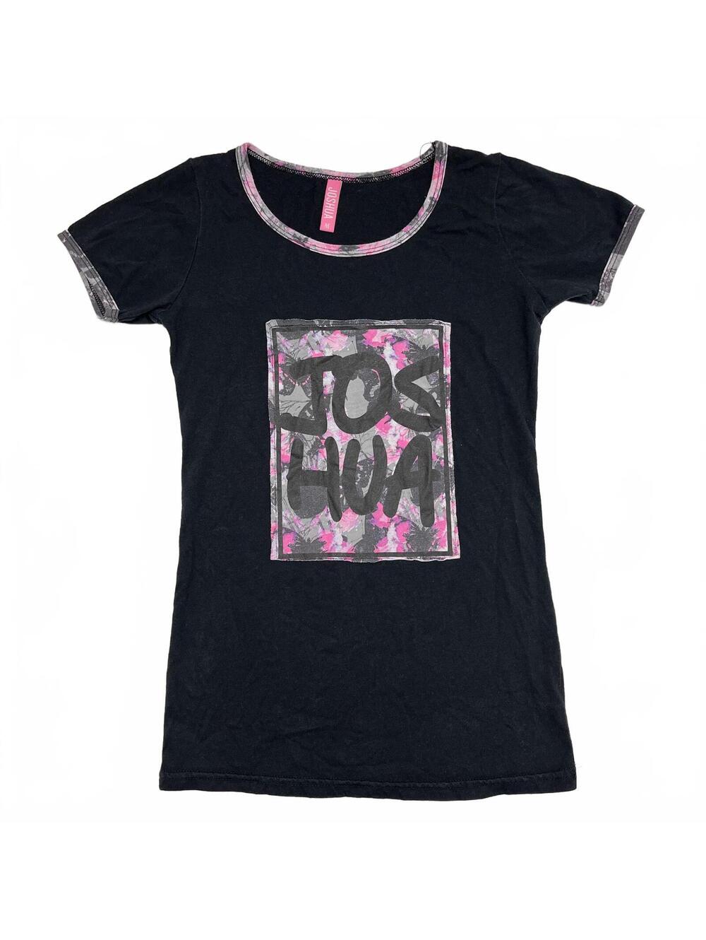 Y2K Joshua Perets Black Pink Logo Graphic Baby Tee Sz XXS/ XS 2000s McBling